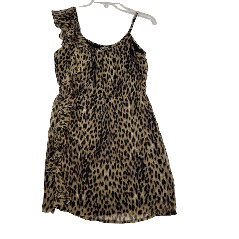 Angie Women’s Leopard Print One Shoulder Ruffle Dress Brown Black Size L